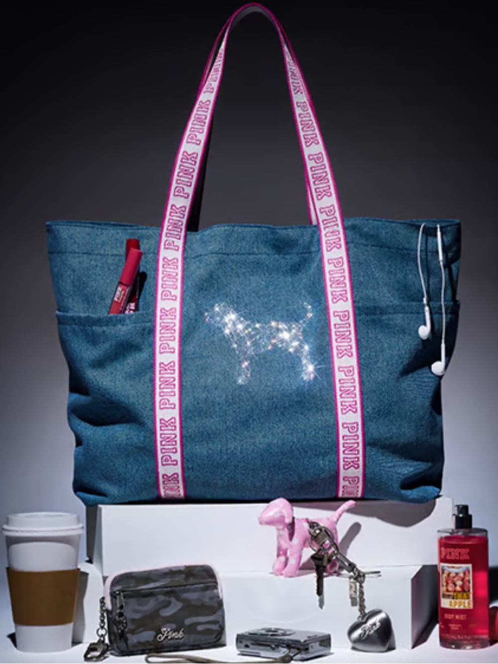 PINK Victoria's Secret Denim Tote With Bling Dog Logo & Pink Logo Sleep Shorts